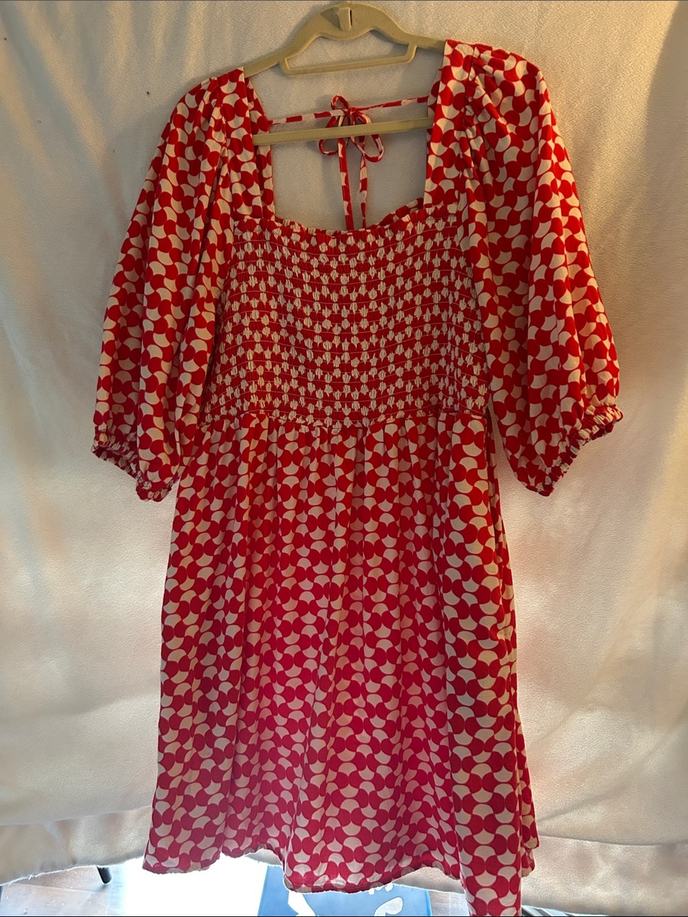Red & White Geometric Smocked Dress by Ava & Viv